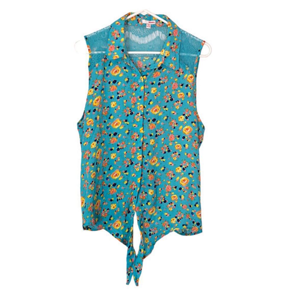 Bongo Women's Sleeveless‎ Collared Button Front Tie hem Shirt Blue Floral Sz XL